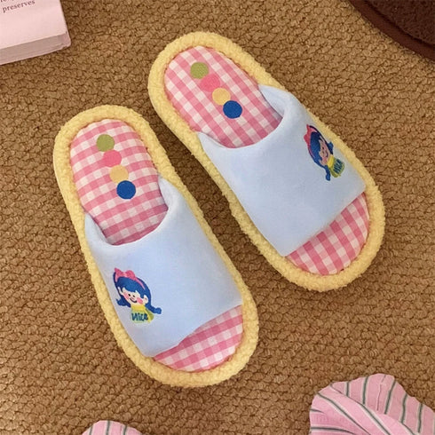 Playful Gingham Cartoon Home Slippers