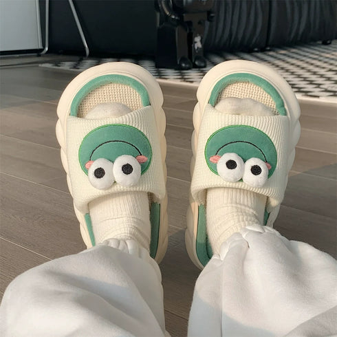 Playful Frog Face Linen Slides
