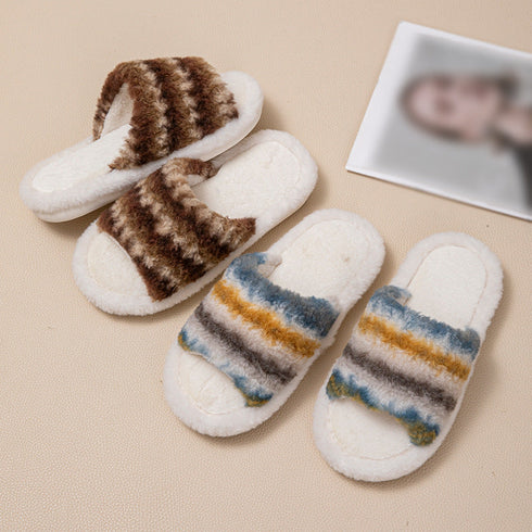 Striped Fuzzy Open-Toe Slippers