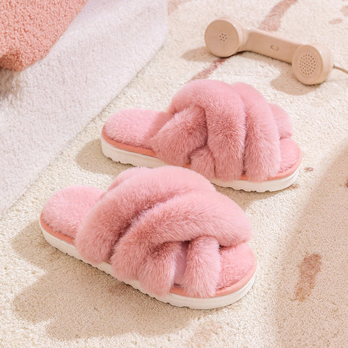 Plush Crisscross Open-Toe Slippers
