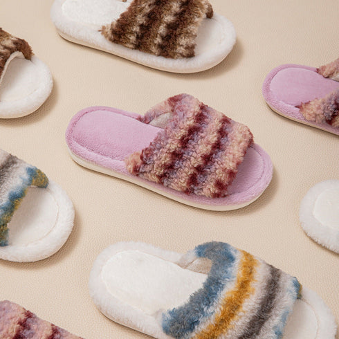 Striped Fuzzy Open-Toe Slippers