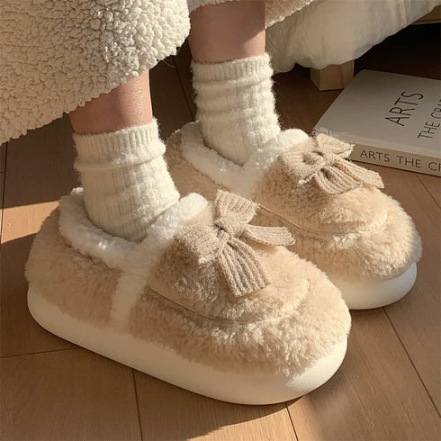 Bow-Accent Full-Back Plush slippers