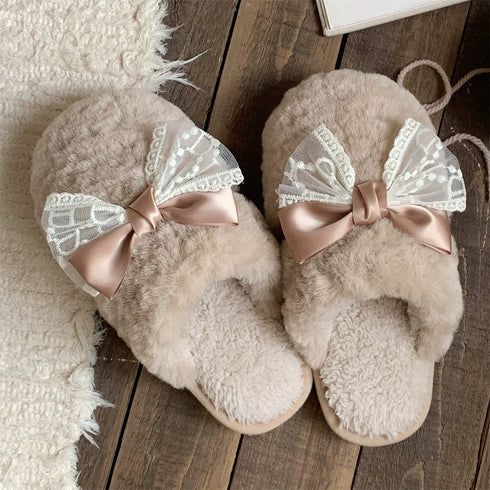 Sheer Lace Bow Plush Slippers