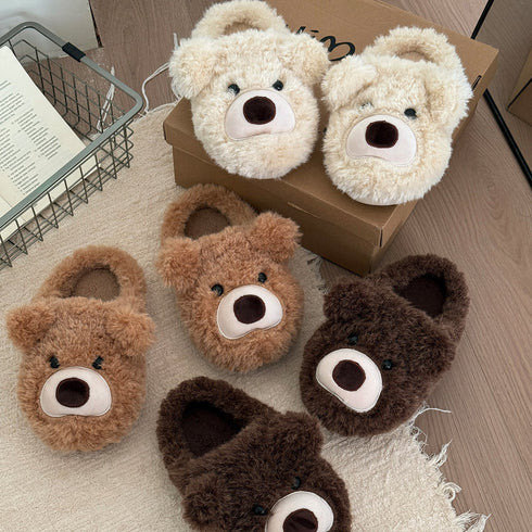 Fuzzy Teddy Bear Face Slippers