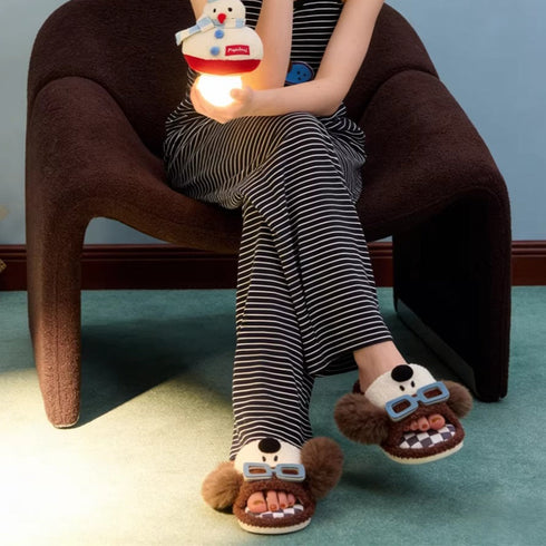 Puppy Glasses Checkered Plush Slippers
