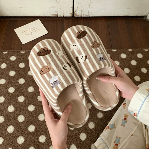 Striped Puppy Embroidered House Slippers