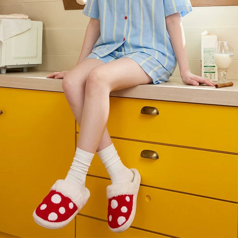 Polka Dot Mushroom Plush Slippers