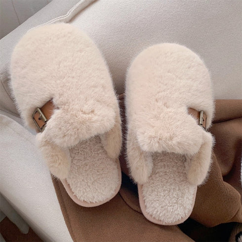 Fluffy Buckle Closed-Toe Slippers