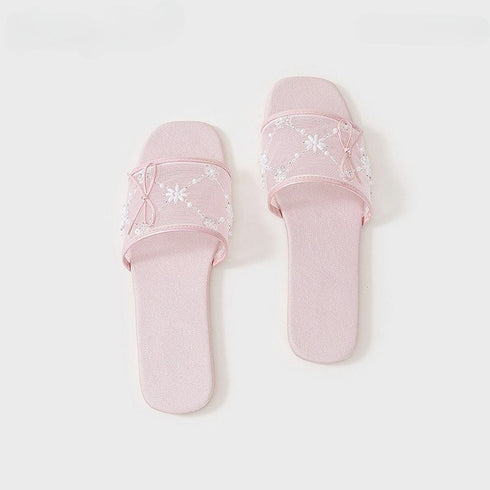 Delicate Mesh Pearl Bow Slides