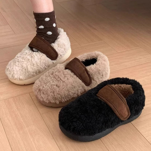 Fuzzy Two-Tone Strap Slippers