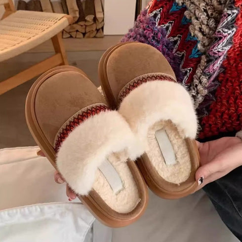 Woven Trim Fuzzy Band Slippers