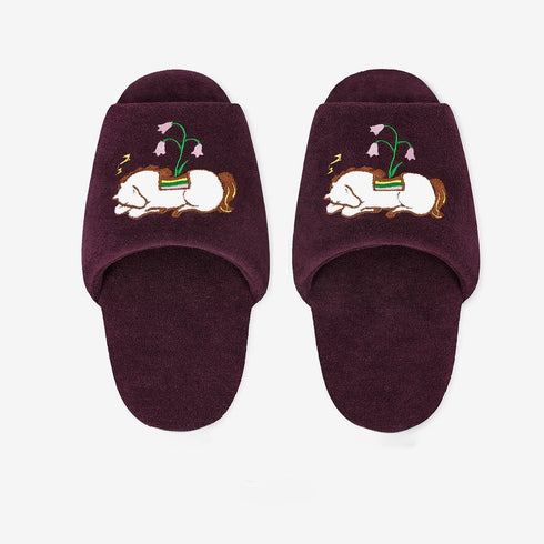 Sleeping Pony Floral Embroidered Slides