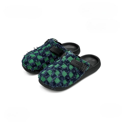 Frayed Checkerboard Buckle Strap Mules