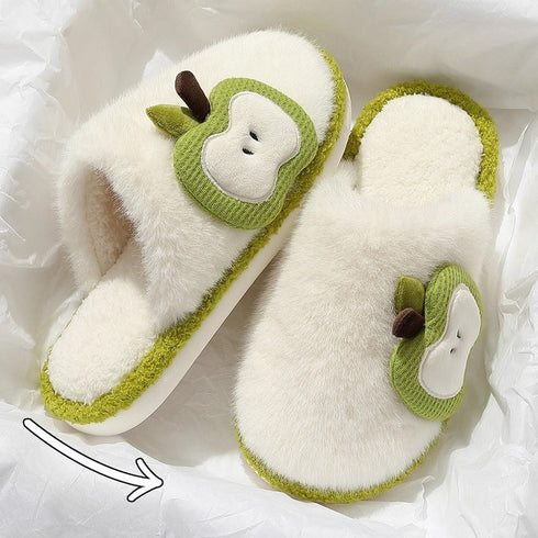 Cozy Apple Motif Plush Slides