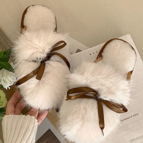 Ribbon Bow Fluffy House Slippers