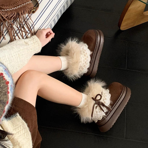 Fuzzy Lace Trim Platform Ankle Boots
