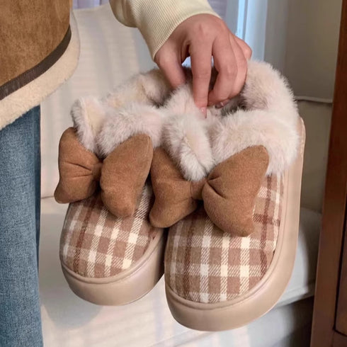 Plaid Bows Cozy Plush Slippers