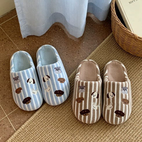 Striped Puppy Embroidered House Slippers