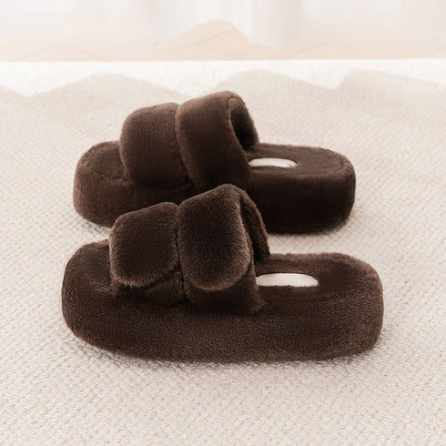 Plush Double-Strap Platform Slippers