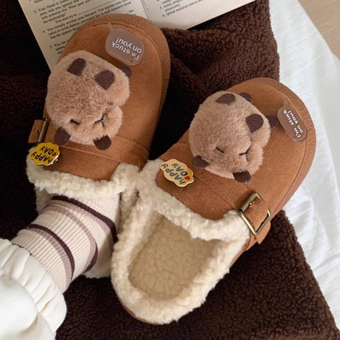 Cozy Capybara Plush Buckle Clogs