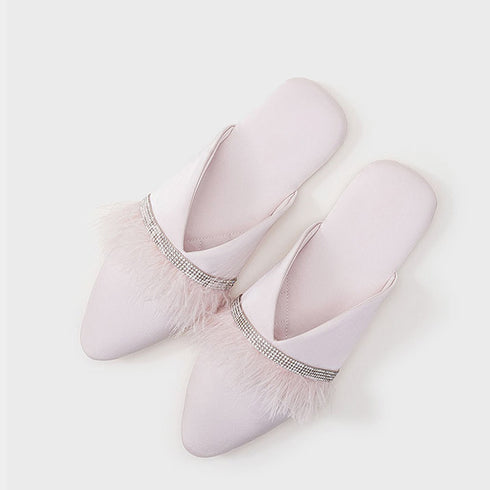 Chic Satin Feather Rhinestone Slides