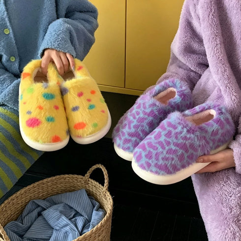 Plush Spotted Platform Winter Slippers