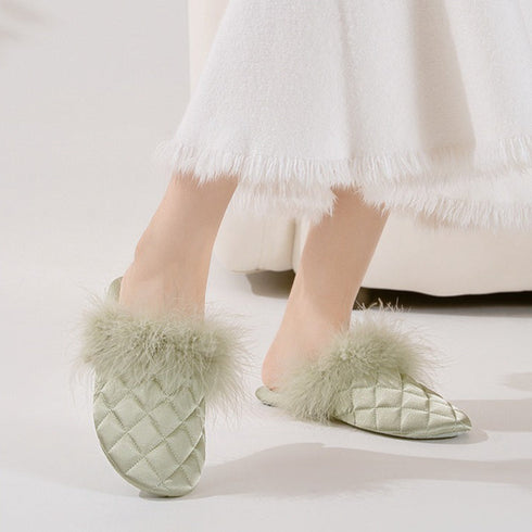 Feather-Pom Quilted Lounge Slippers
