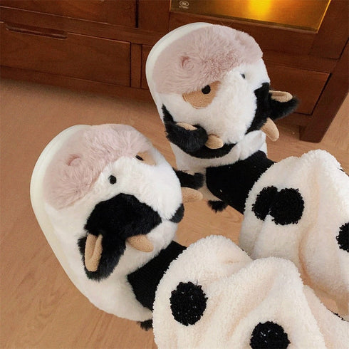 Fuzzy Farm Cow Plush Slippers