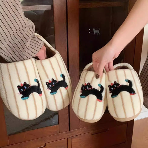Wandering Black Cat Striped Slippers