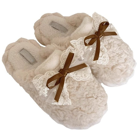 Lace Bow Plush House Slippers
