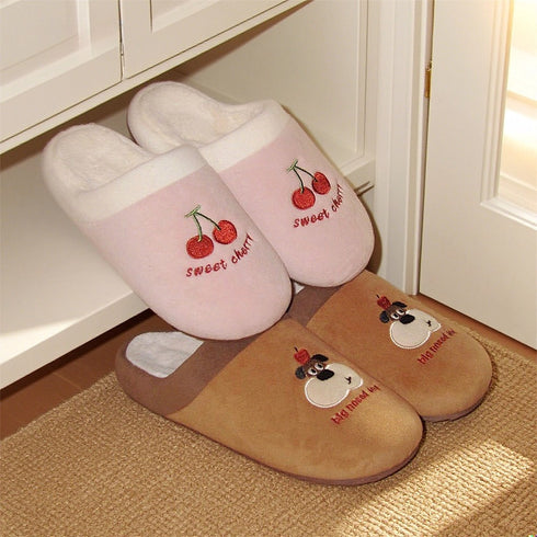Embroidered Cherry Pup Slippers