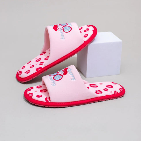 Embroidered Cherry Leopard Print Slides