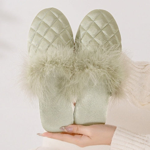 Feather-Pom Quilted Lounge Slippers