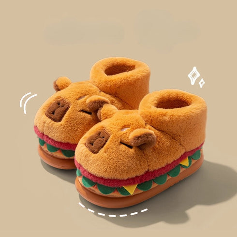 Whimsical Capybara Burger Plush Slippers