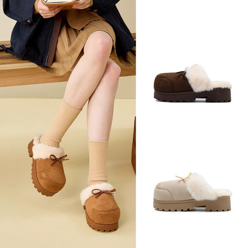 Chunky Bow Platform Furry Slippers