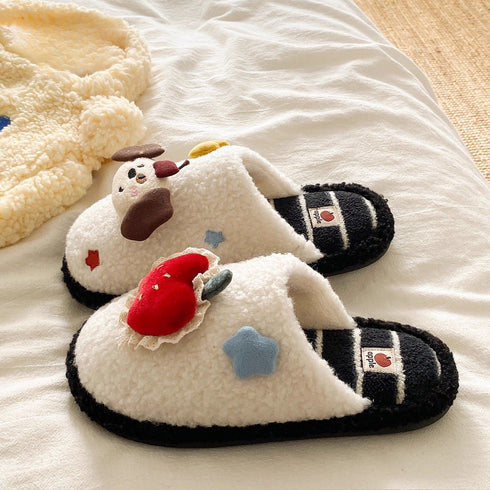 Mismatched Puppy Apple Plush Slippers