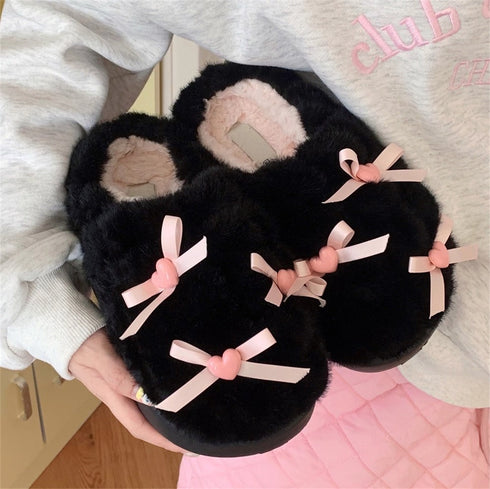 Heart Bow Cloud Plush Slippers