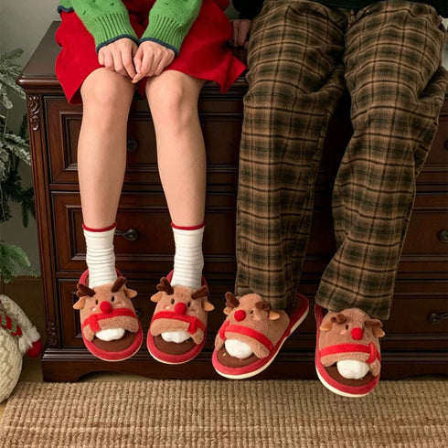 Festive Holiday Reindeer Plush Slippers