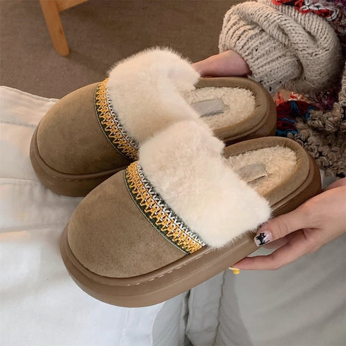 Woven Trim Fuzzy Band Slippers
