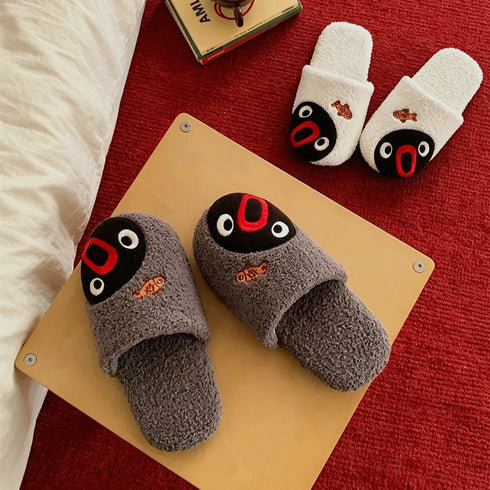 Surprised Penguin Fish Fleece Slippers