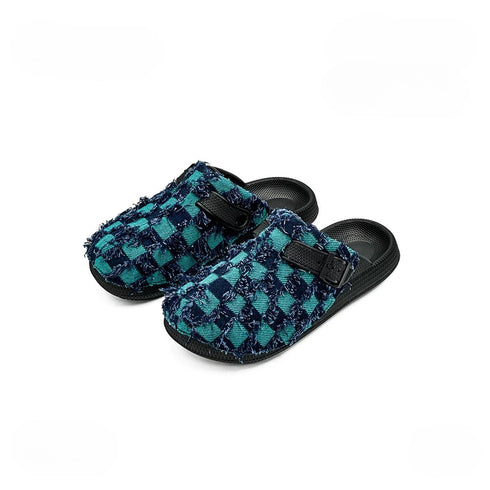 Frayed Checkerboard Buckle Strap Mules