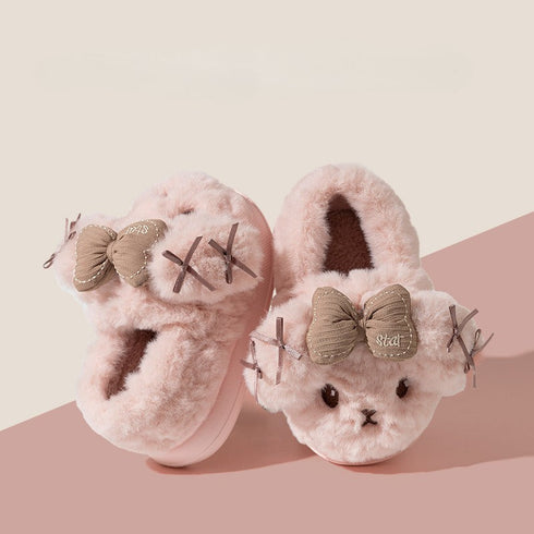Fuzzy Cartoon Bow Winter Slippers