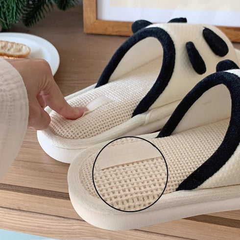 Fuzzy Panda Ear Linen Slides