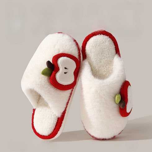 Cozy Apple Motif Plush Slides
