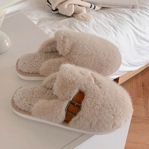 Fluffy Buckle Closed-Toe Slippers