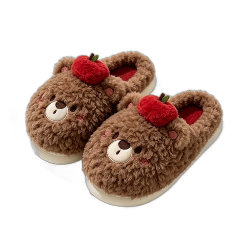 Apple Bear Fuzzy Platform Slippers
