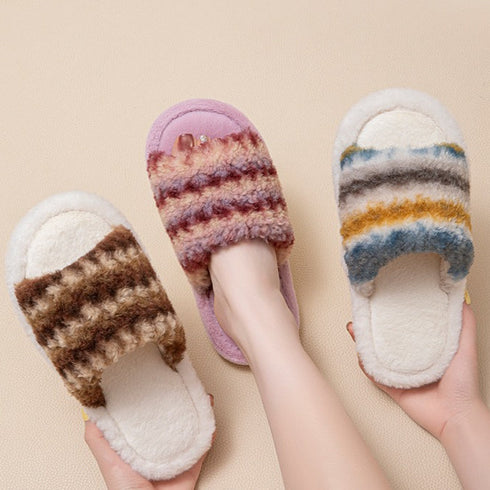 Striped Fuzzy Open-Toe Slippers
