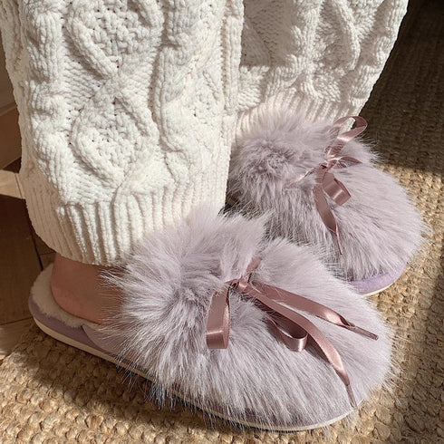 Ribbon Bow Fluffy House Slippers