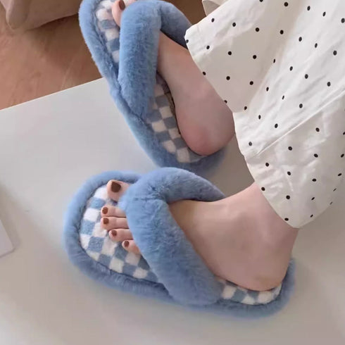 Fuzzy Checkerboard Plush Flip Flops