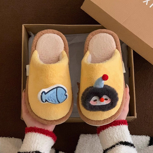 Playful Penguin Fish Fuzzy Slippers
